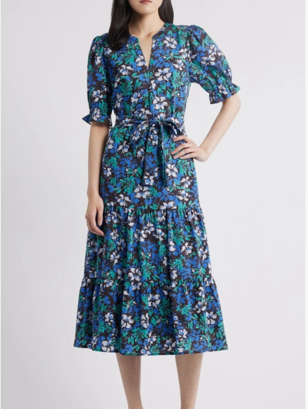 New No Tag..missing Belt! Rails Blue Green Floral Tiered Midi Dress.